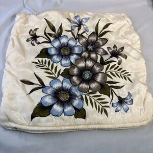 Vintage Plush Floral Pillow Cover Cream Blue Grey Daisy Mid Century Retro